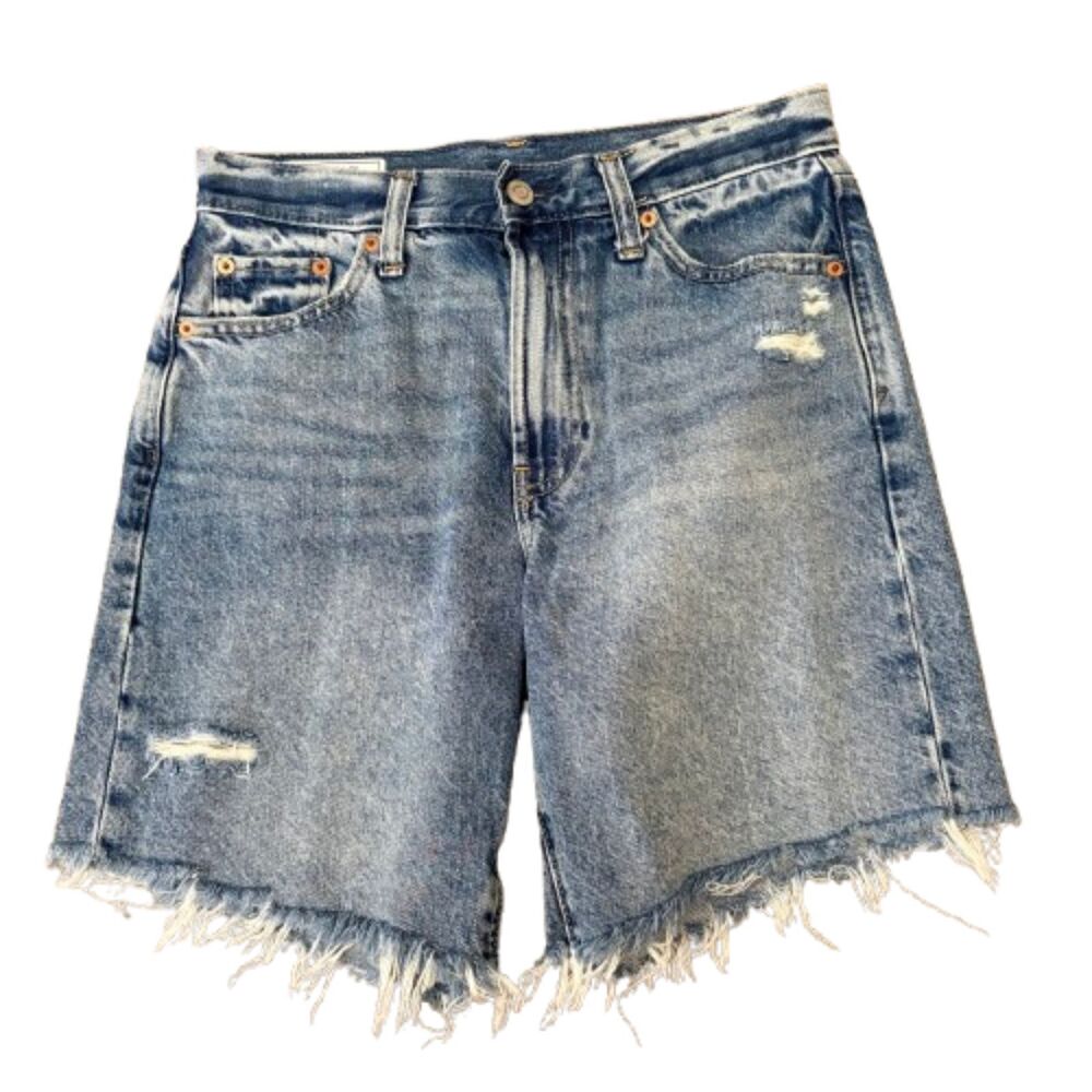 GAP Loose Bermuda Mid Rise Denim Shorts Medium Wash Raw Hem Grunge Size 25 Waist